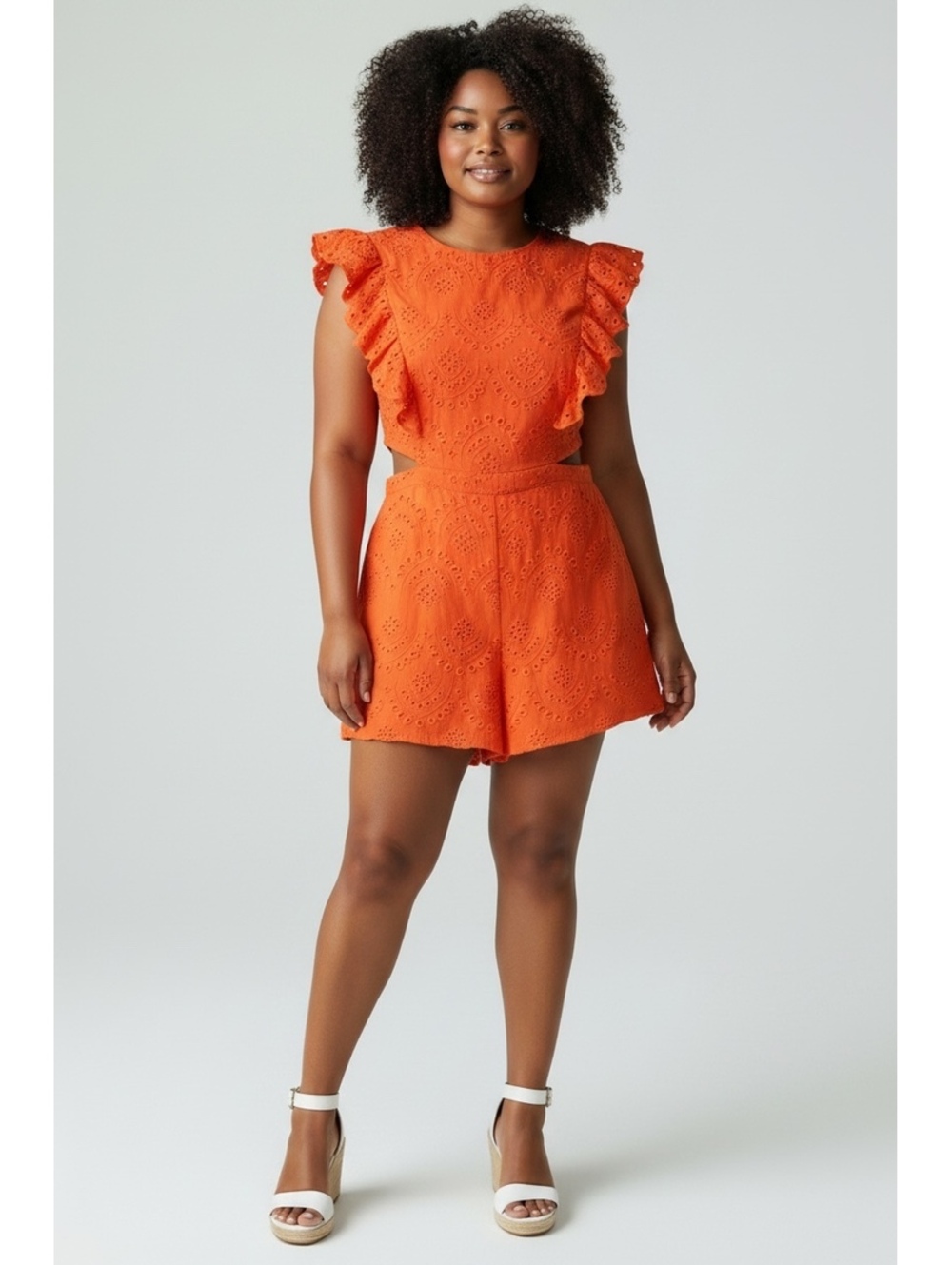NWT | NY&C Vibrant Orange Eyelet Ruffle Cutout Romper (Size XXL)